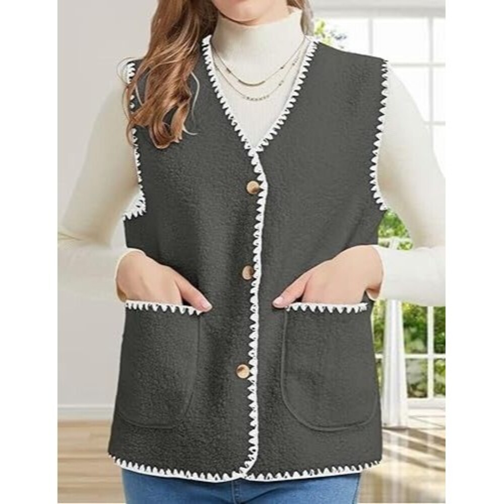Womens Fuzzy Fleece Lightweight Vest Sleeveless Casual Button Down Sherpa Small